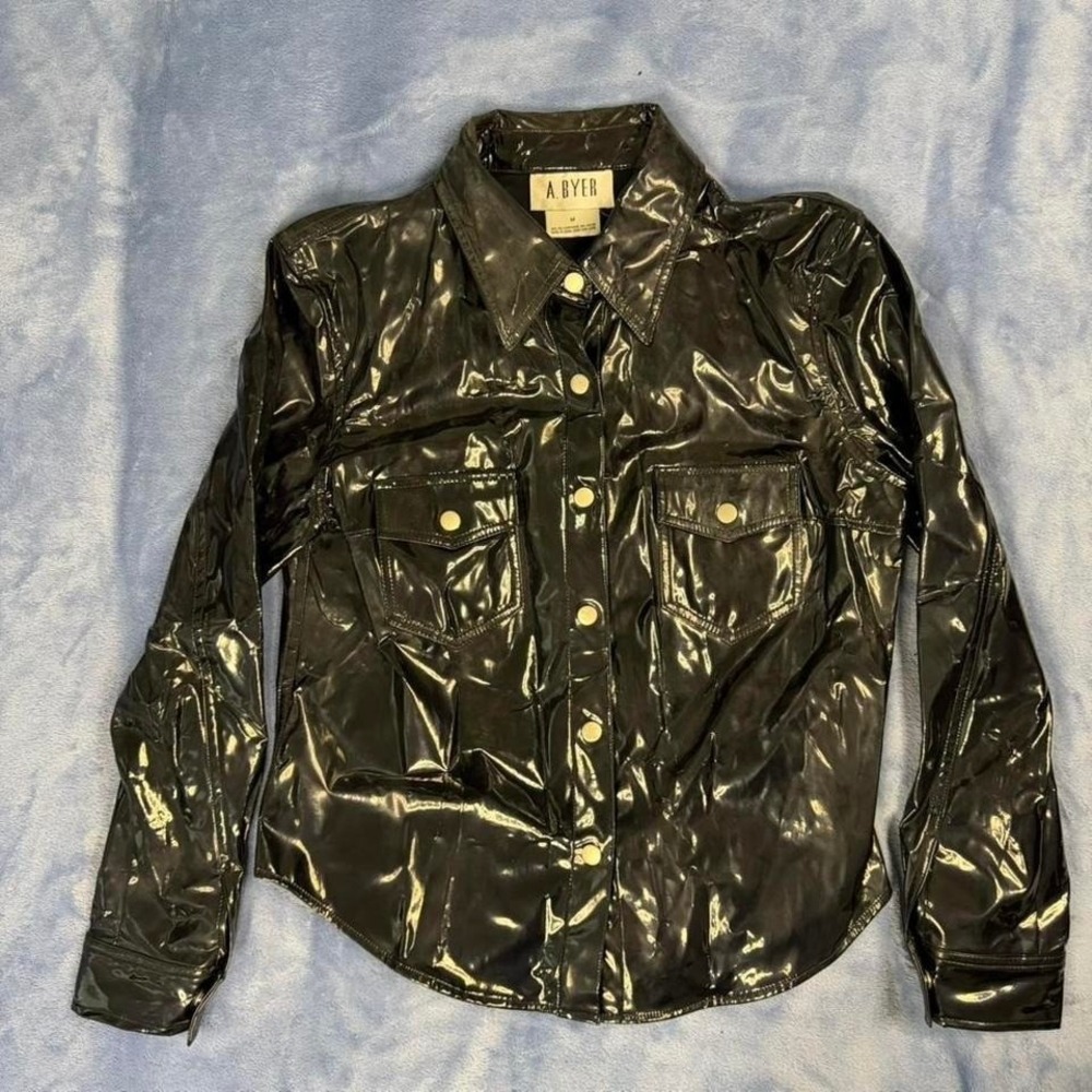 Vintage A.BYER‎ Black patent faux leather button up shirt women size m